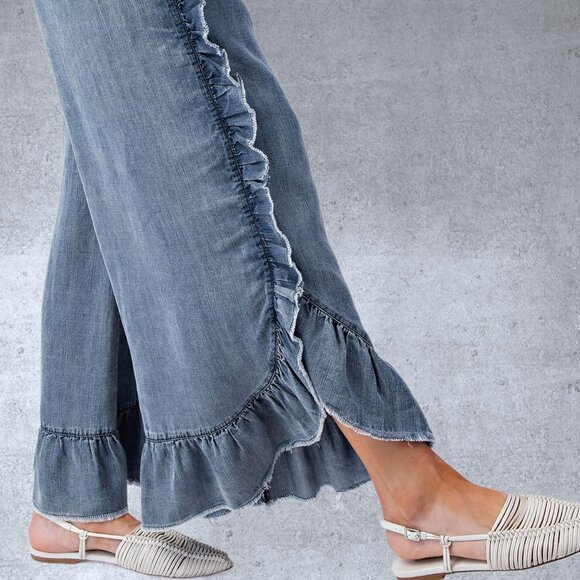 EASEL RESTOCKED! Raw Ruffle Trim Pants Elastic & Drawstring Waist & Scooped Hem - Picture 4 of 15